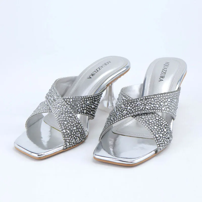 Shiny Stone Heel Crystal Embellished Cross Strap Clear Sandals #1322 #22