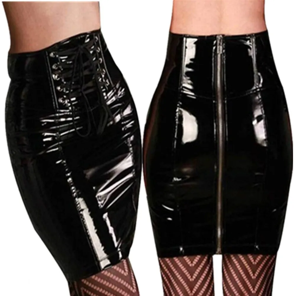 Shop the Sensational S-3XL Black High Waist Skirt: Sexy Club Latex PVC Leather Pencil Skirt with Lace Detailing