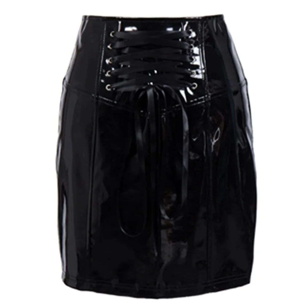 Shop the Sensational S-3XL Black High Waist Skirt: Sexy Club Latex PVC Leather Pencil Skirt with Lace Detailing