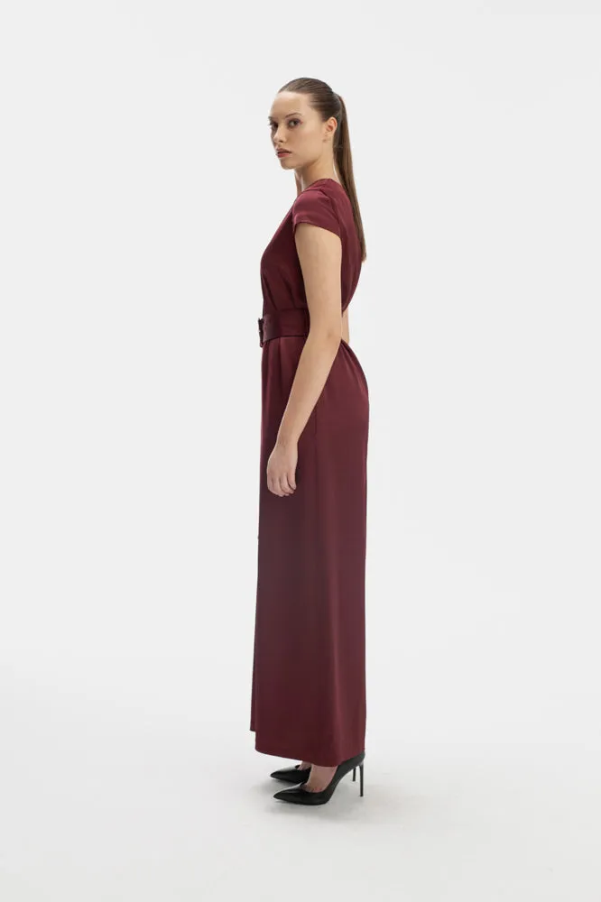 SHORT SLEEVE JUMPSUIT IN BURGUNDY