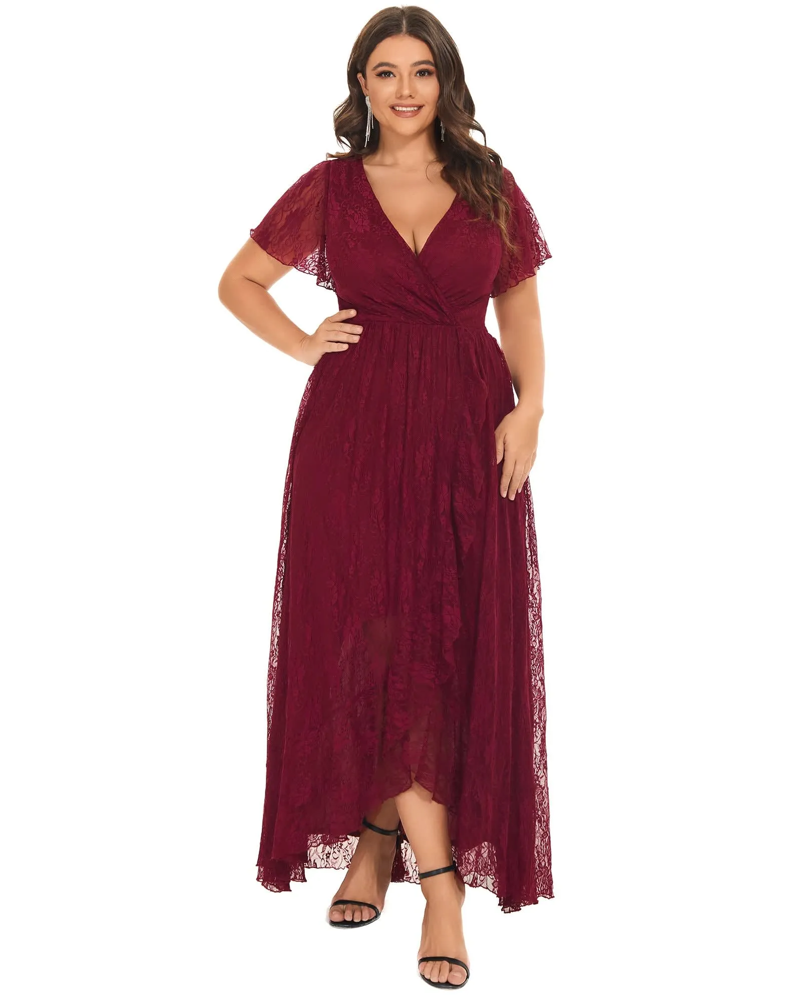 Short Sleeve Ruffled V-Neck A-Line Lace Evening Dress | Burgundy