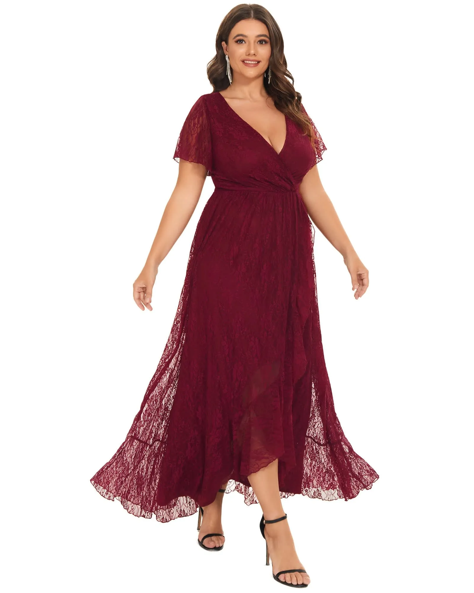Short Sleeve Ruffled V-Neck A-Line Lace Evening Dress | Burgundy