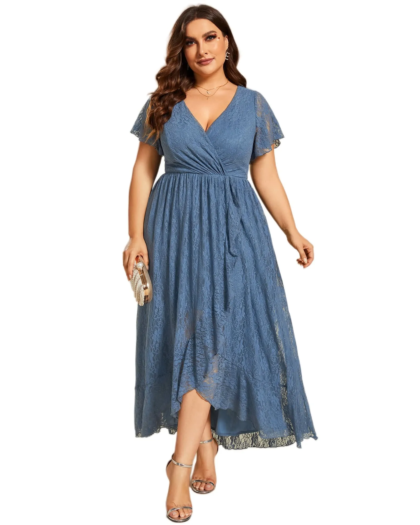 Short Sleeve Ruffled V-Neck A-Line Lace Evening Dress | Dusty Navy