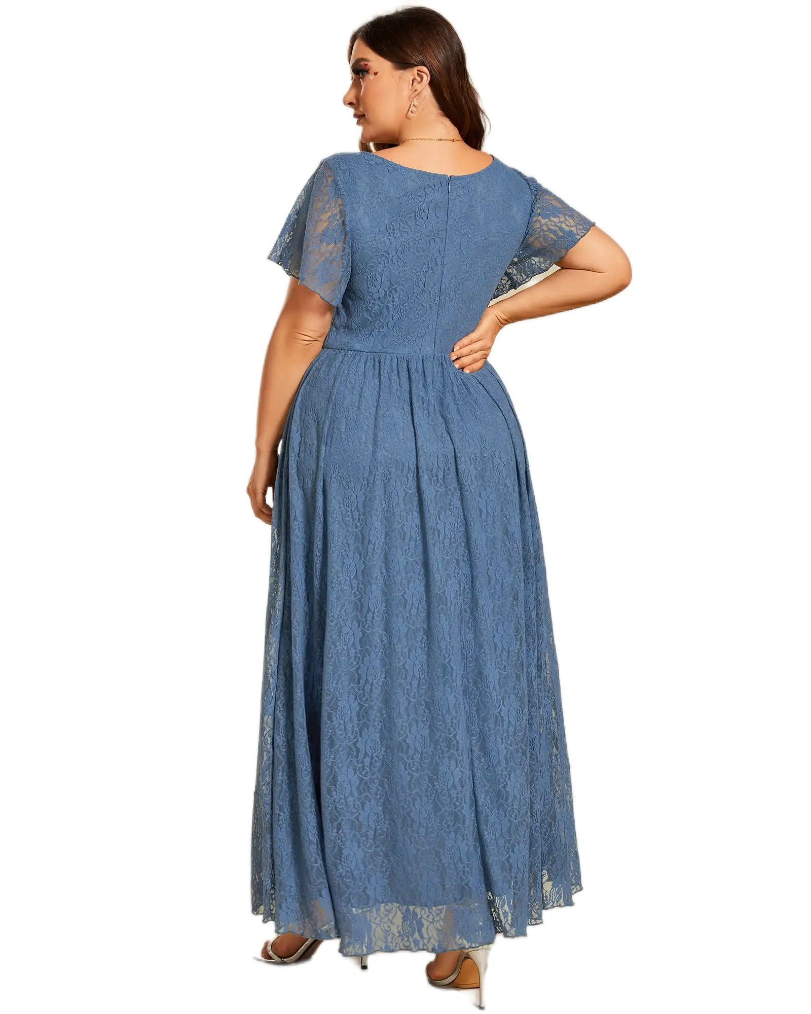 Short Sleeve Ruffled V-Neck A-Line Lace Evening Dress | Dusty Navy