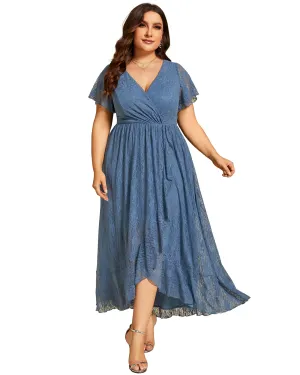 Short Sleeve Ruffled V-Neck A-Line Lace Evening Dress | Dusty Navy