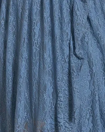 Short Sleeve Ruffled V-Neck A-Line Lace Evening Dress | Dusty Navy
