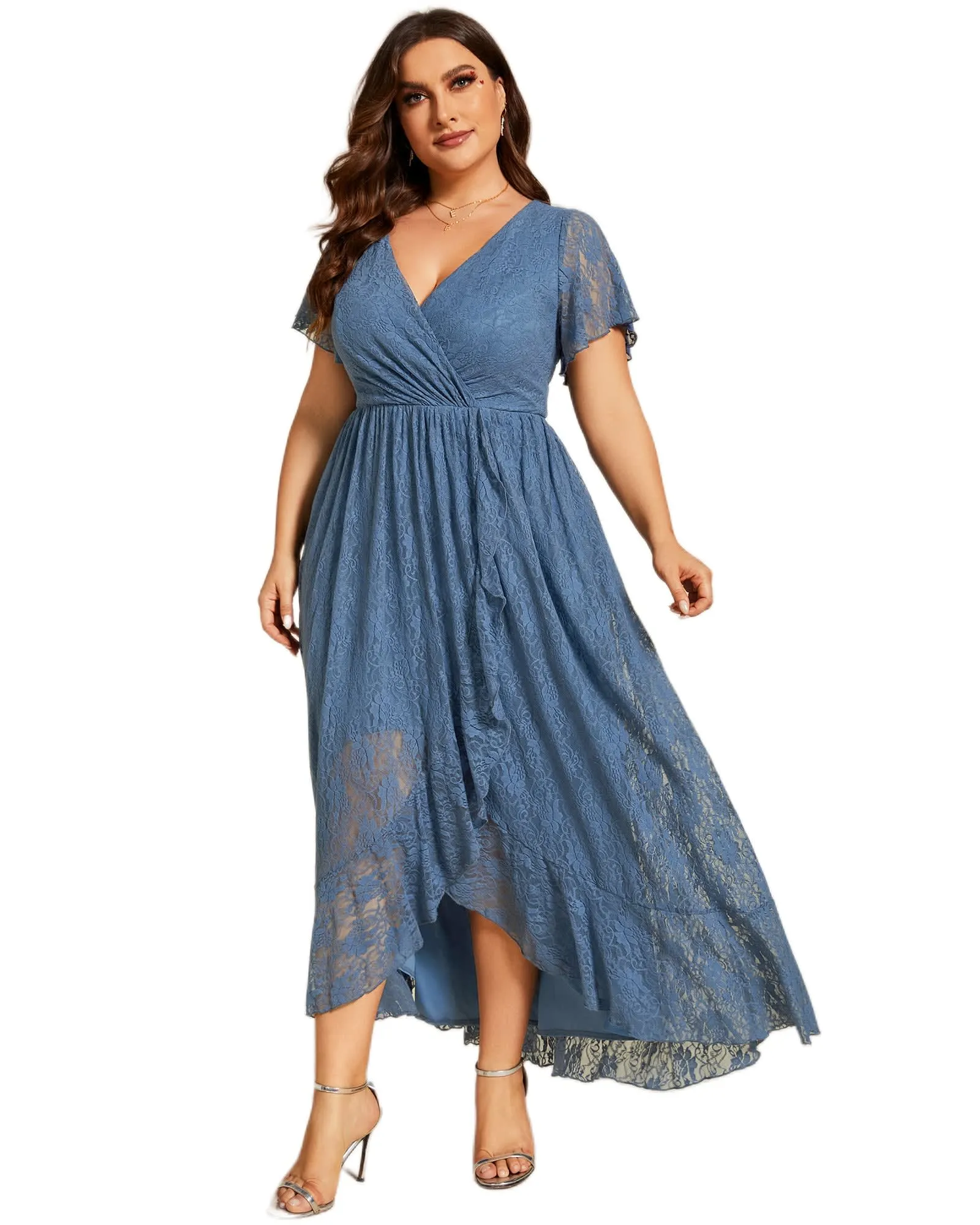 Short Sleeve Ruffled V-Neck A-Line Lace Evening Dress | Dusty Navy