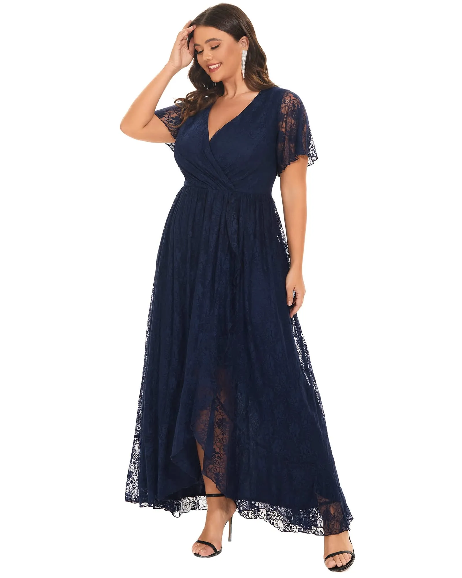 Short Sleeve Ruffled V-Neck A-Line Lace Evening Dress | Navy Blue