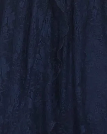 Short Sleeve Ruffled V-Neck A-Line Lace Evening Dress | Navy Blue