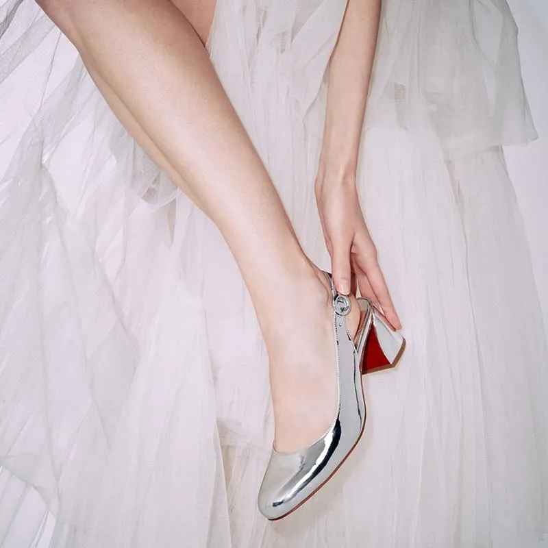 Silver Mirro-Effect Leather Slingback Pumps
