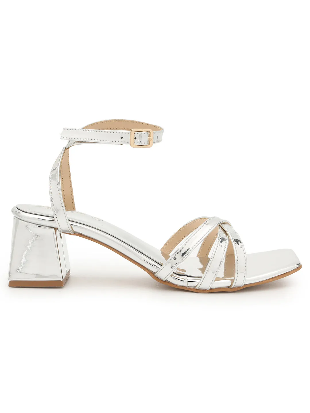 Silver PU Stylish Buckle Block Sandals (TC-NK-001-SIL)
