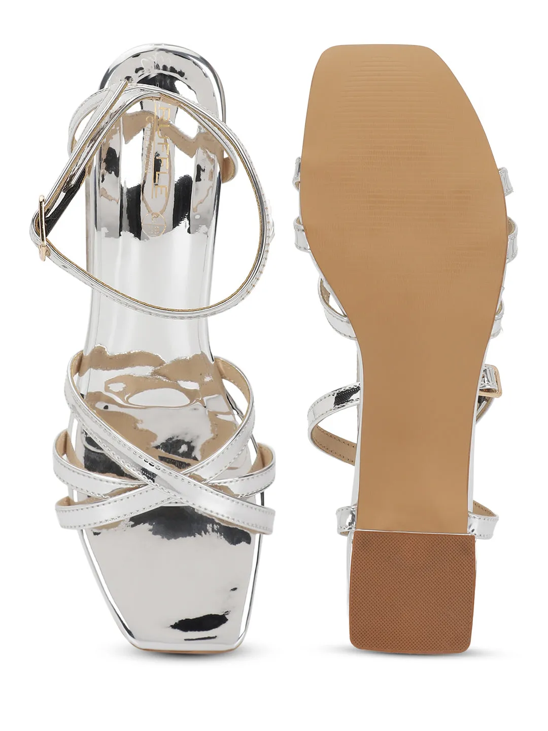 Silver PU Stylish Buckle Block Sandals (TC-NK-001-SIL)