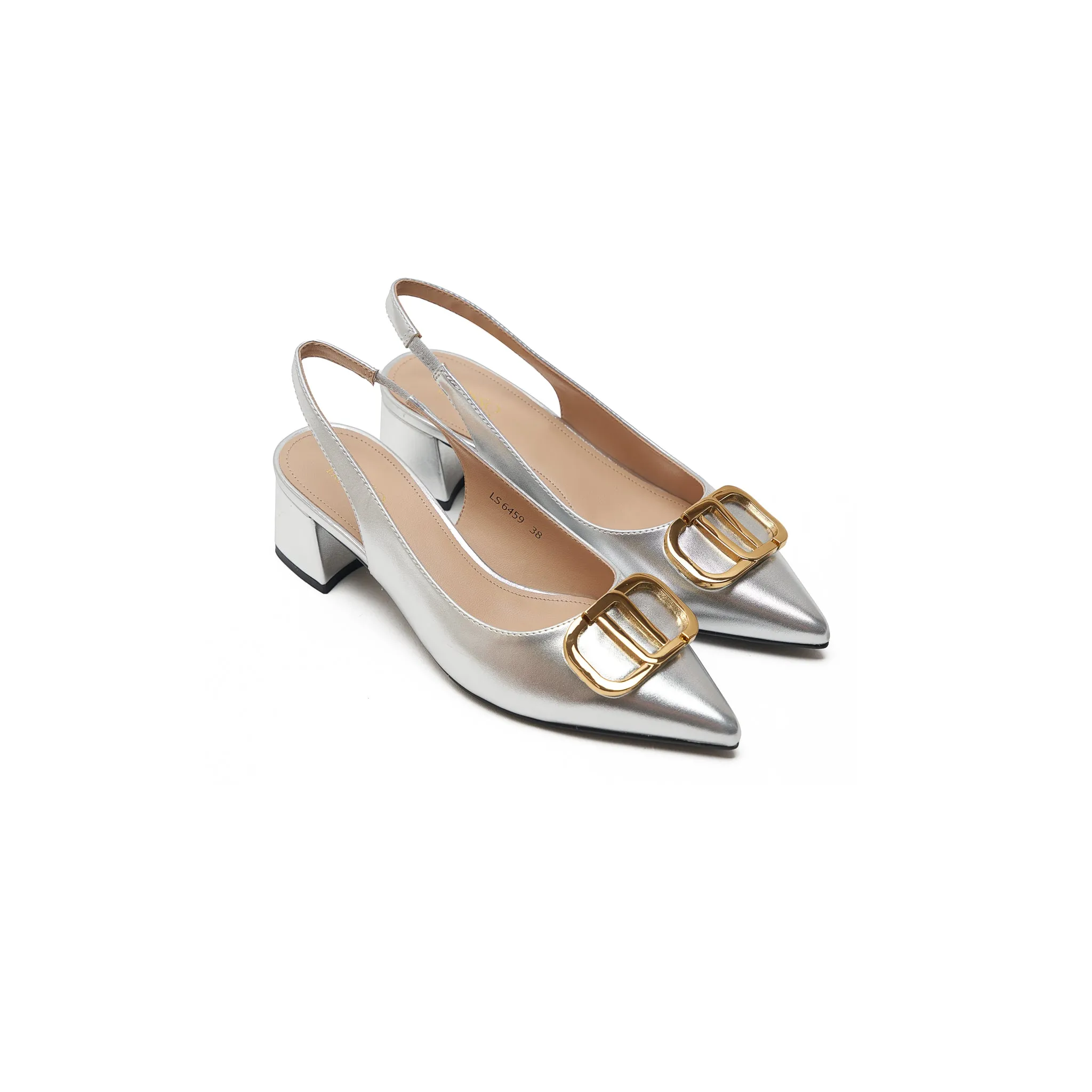 Silver Slingback Pumps With Gold Embellishment