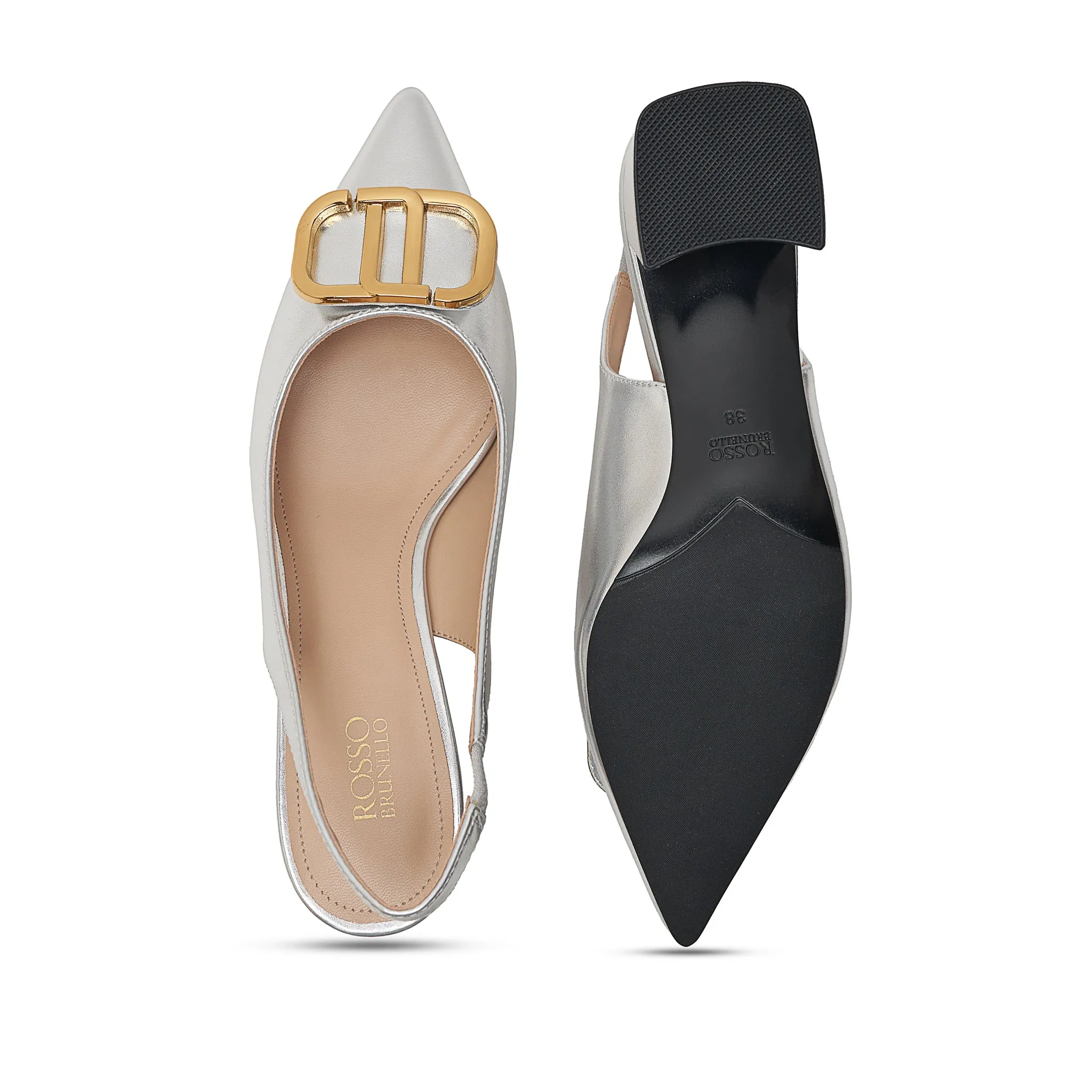 Silver Slingback Pumps With Gold Embellishment
