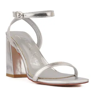 Silver Square Toe Block Heeled Sandal