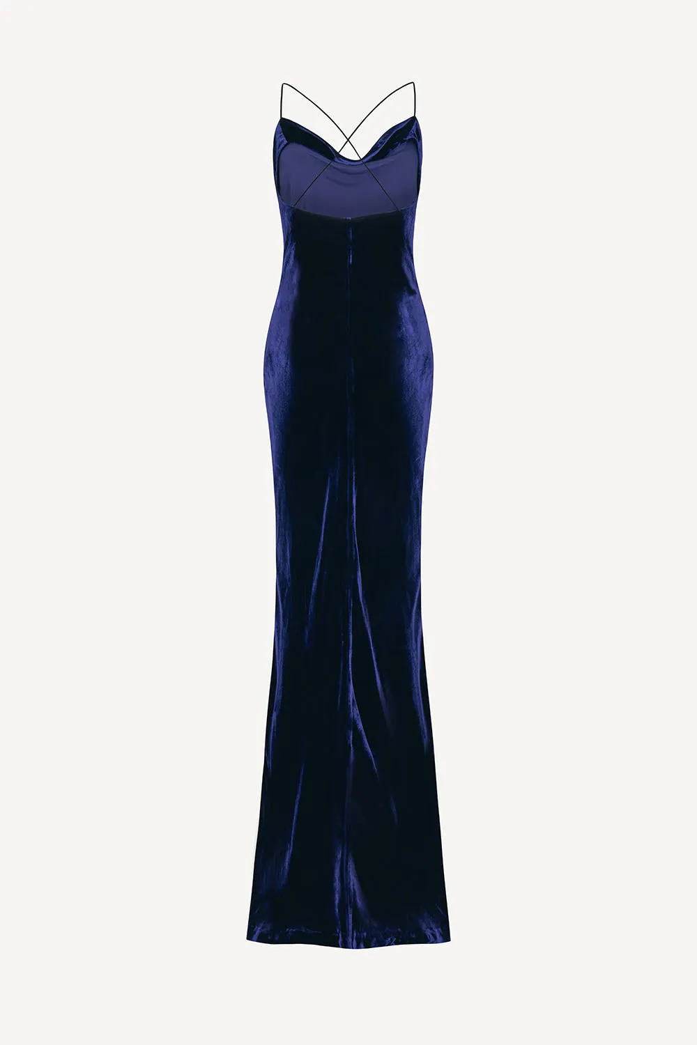 Siren maxi dress in midnight blue silk velvet