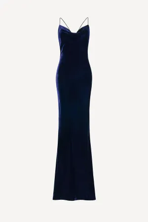 Siren maxi dress in midnight blue silk velvet