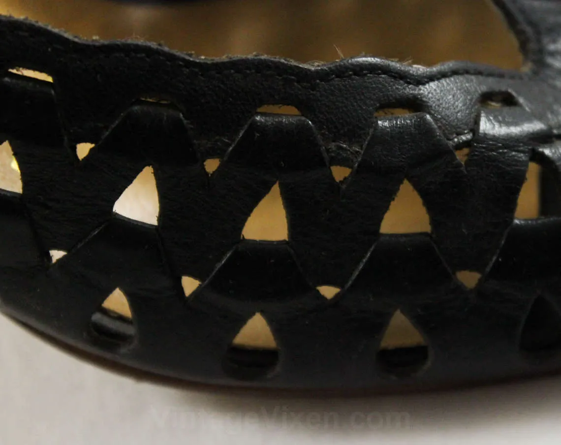 Size 10 Narrow Shoes - Sexy 1980s Brazilian Peep Toe Sandals - Black Cutout Leather Huarache Style - 3 Inch Heels - Unworn 80s Deadstock