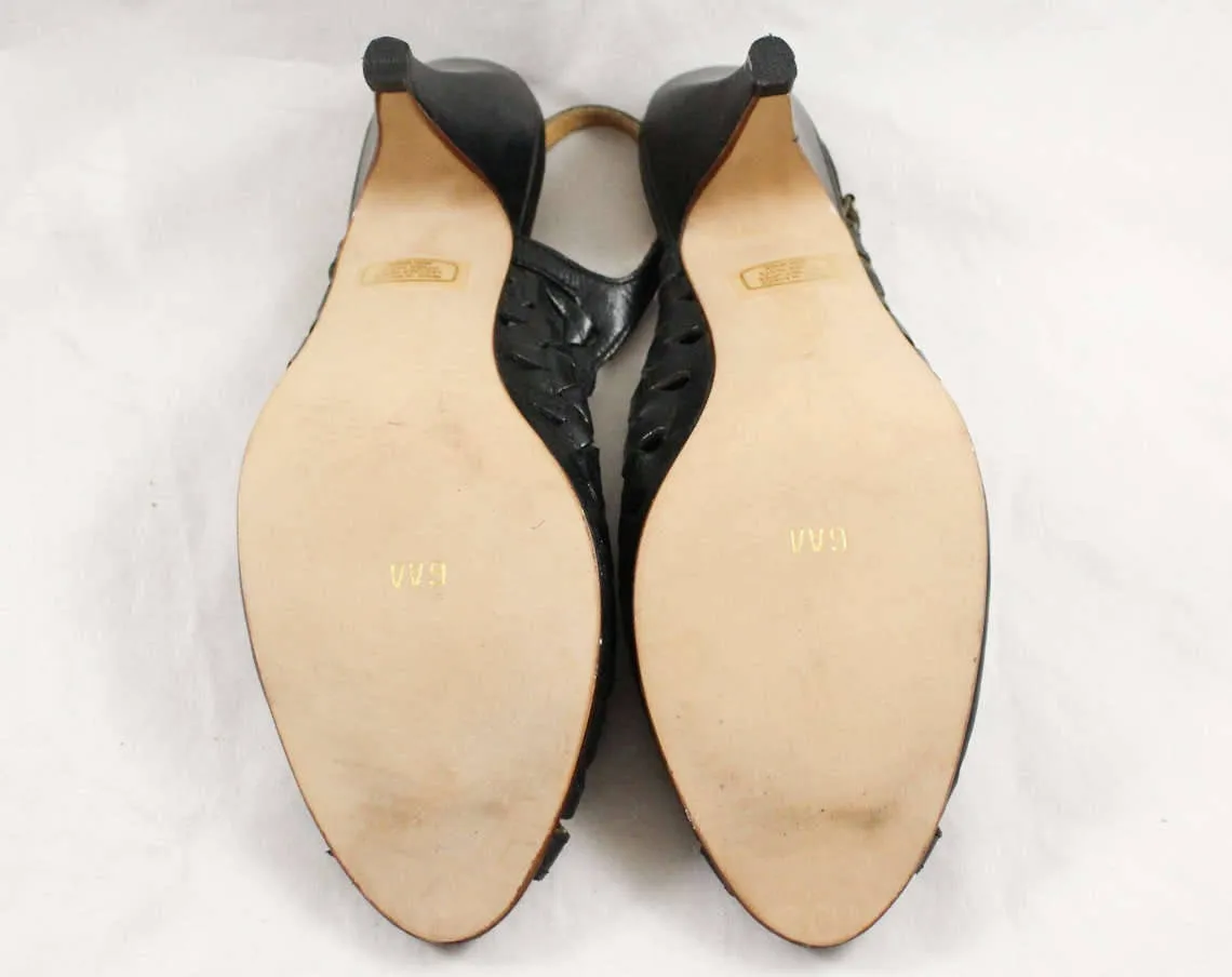 Size 10 Narrow Shoes - Sexy 1980s Brazilian Peep Toe Sandals - Black Cutout Leather Huarache Style - 3 Inch Heels - Unworn 80s Deadstock