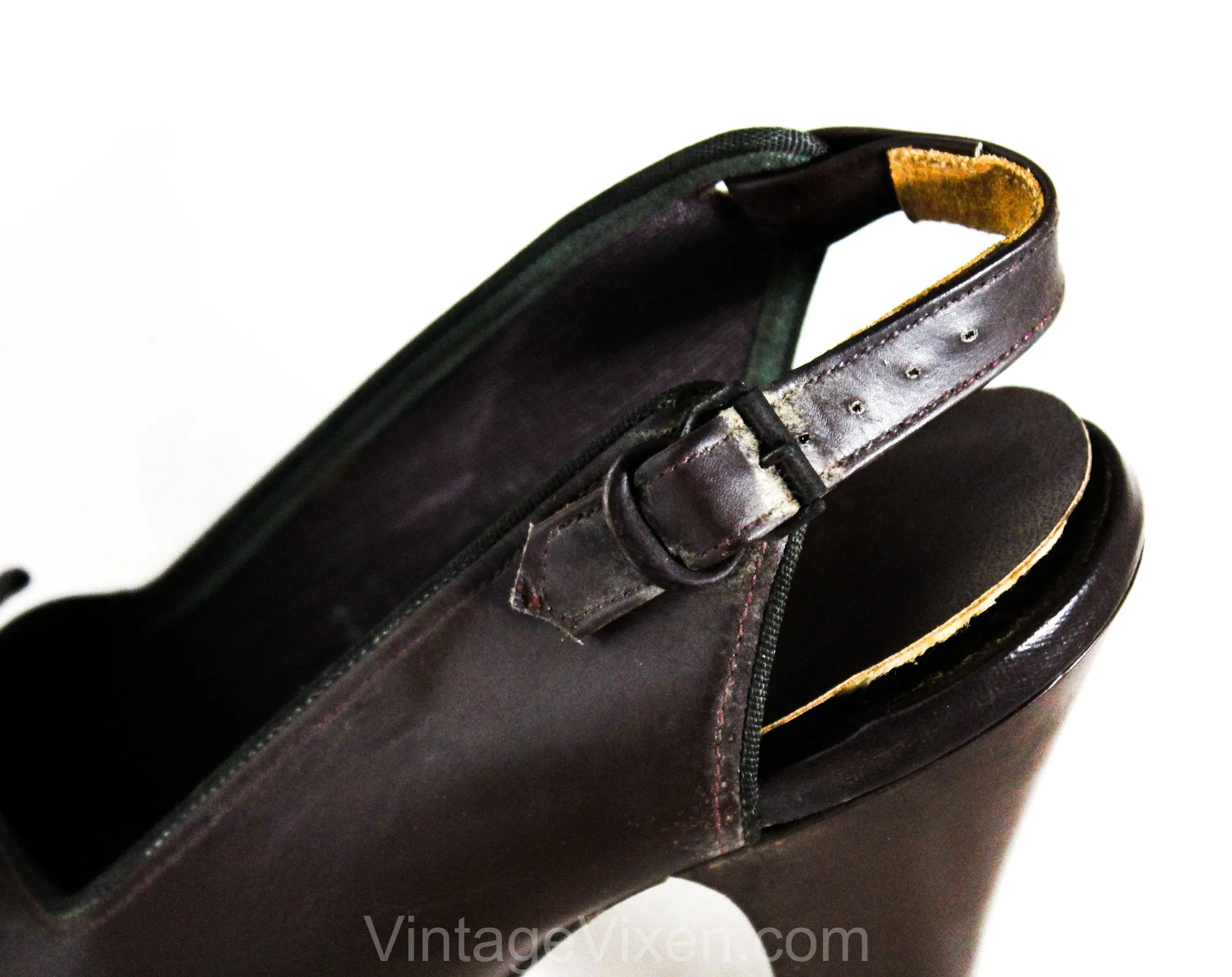 Size 4.5 1940s Brown Shoes - Unworn Dark Chocolate Fine Leather Pumps - 40s Peep Toe Heels - 4 1/2 to 5 MISMATCH Size - WWII NOS Deadstock