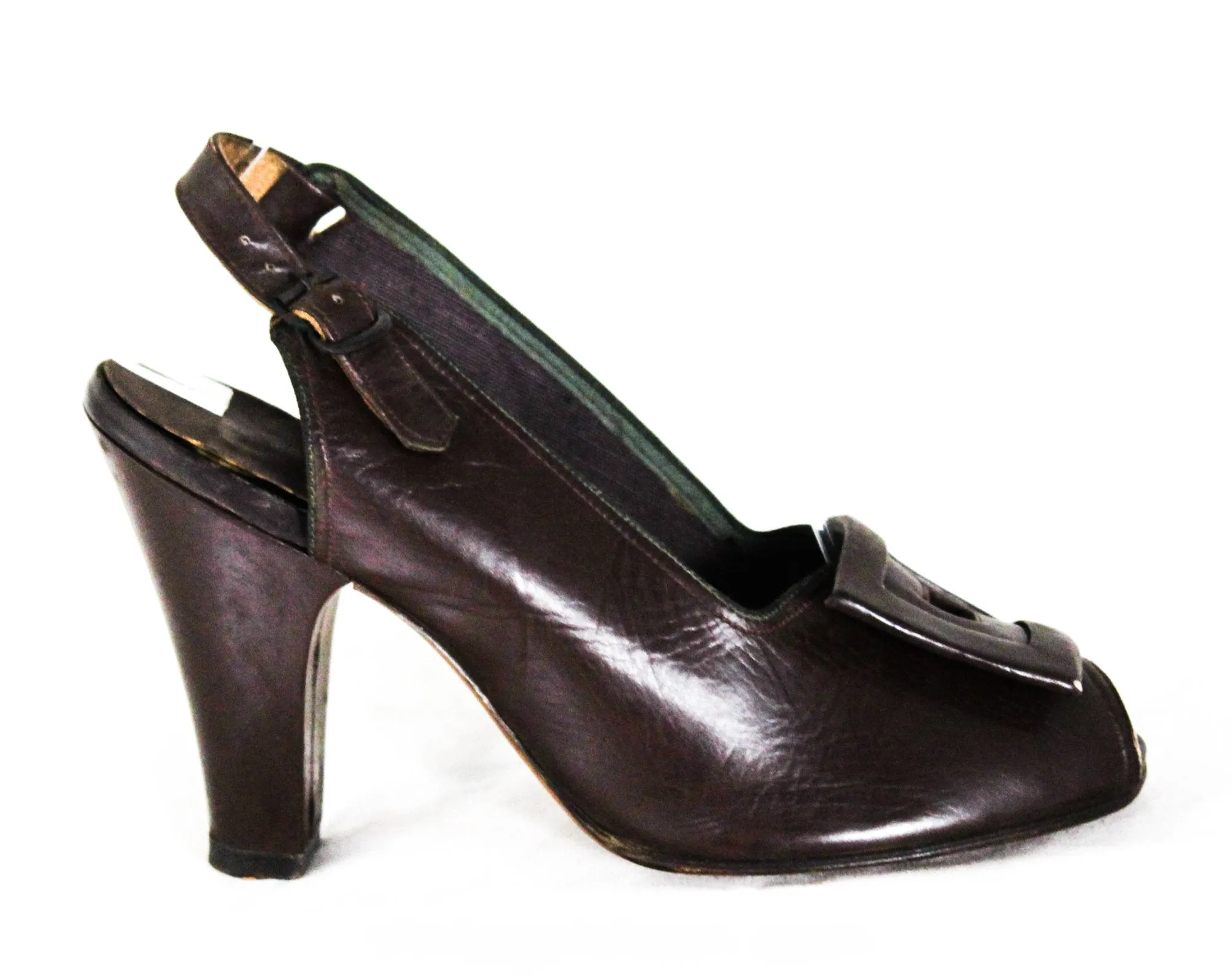 Size 4.5 1940s Brown Shoes - Unworn Dark Chocolate Fine Leather Pumps - 40s Peep Toe Heels - 4 1/2 to 5 MISMATCH Size - WWII NOS Deadstock