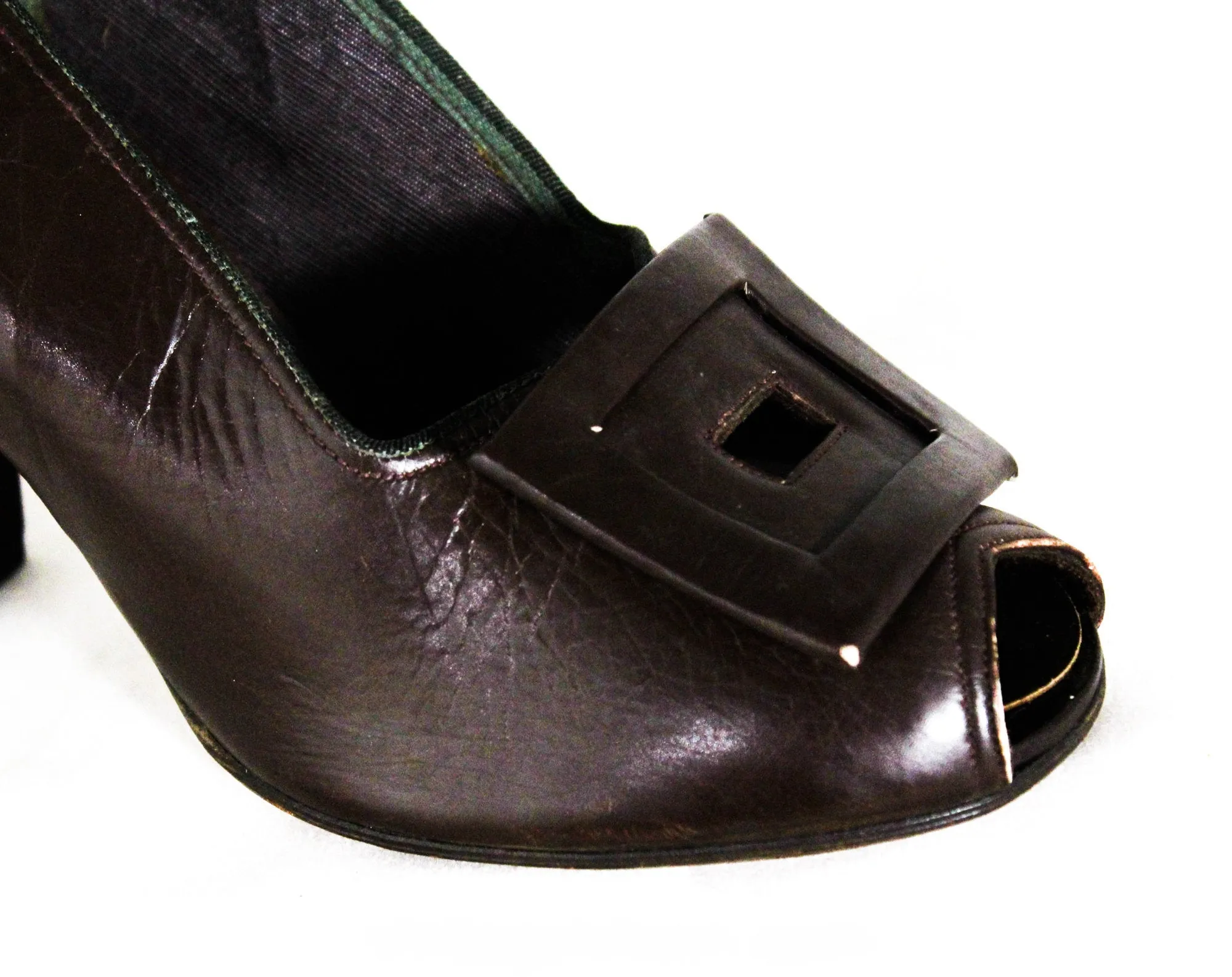 Size 4.5 1940s Brown Shoes - Unworn Dark Chocolate Fine Leather Pumps - 40s Peep Toe Heels - 4 1/2 to 5 MISMATCH Size - WWII NOS Deadstock