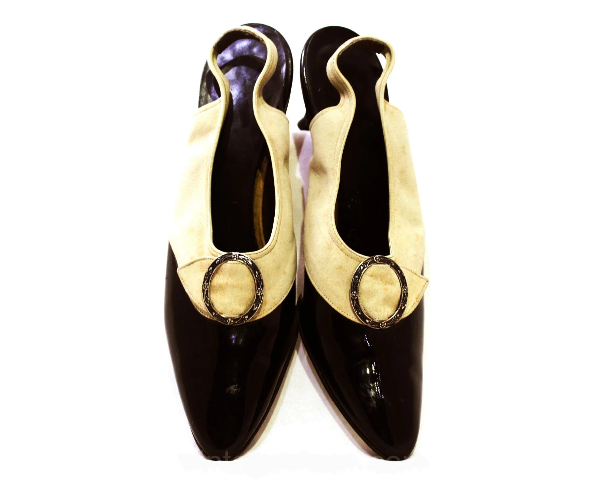 Size 8 Titanic Style Shoes - 1900s 1910s Inspired Heels from the 1950s - Dove Gray Suede & Black Patent Leather Slingbacks - 8N Narrow