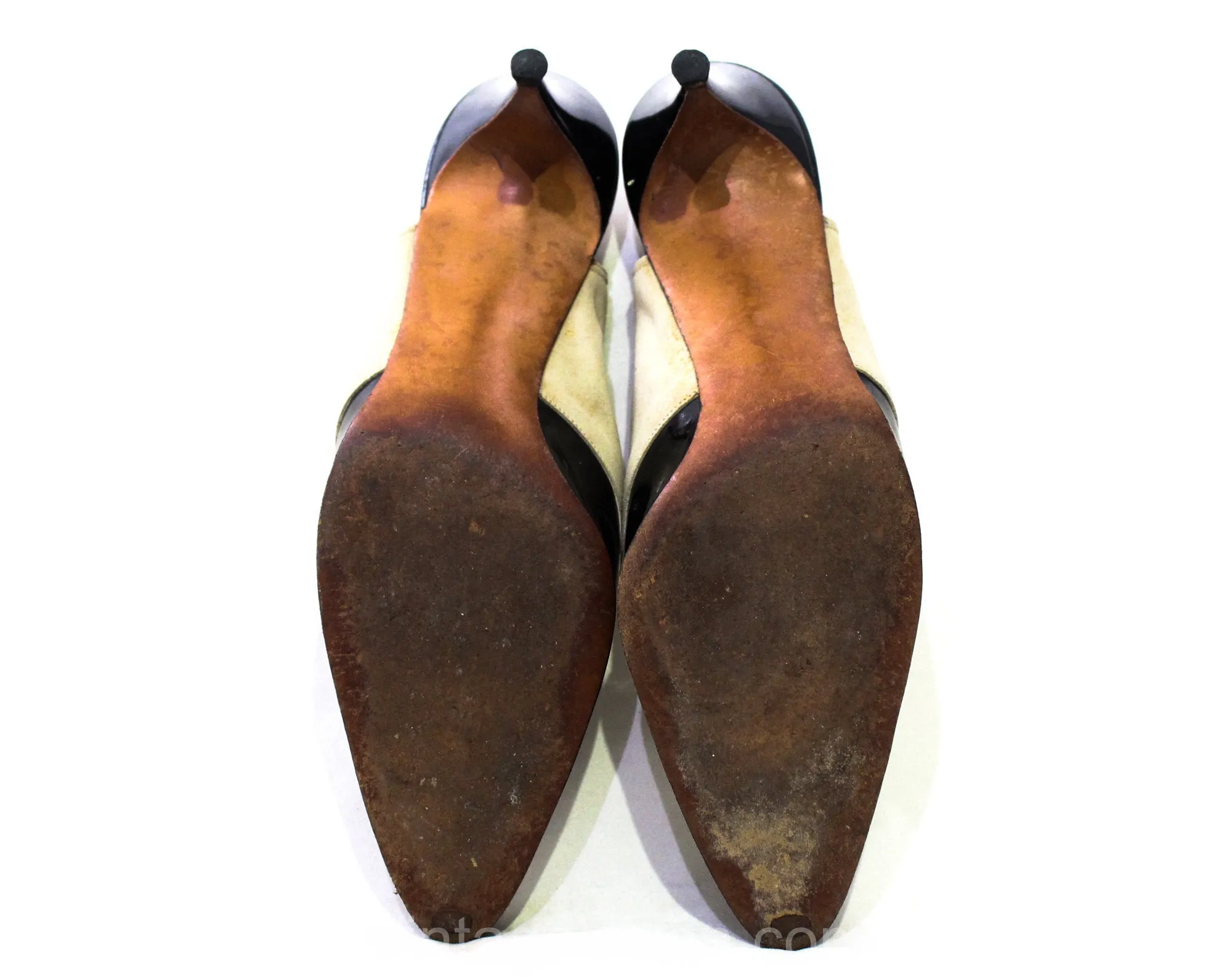 Size 8 Titanic Style Shoes - 1900s 1910s Inspired Heels from the 1950s - Dove Gray Suede & Black Patent Leather Slingbacks - 8N Narrow