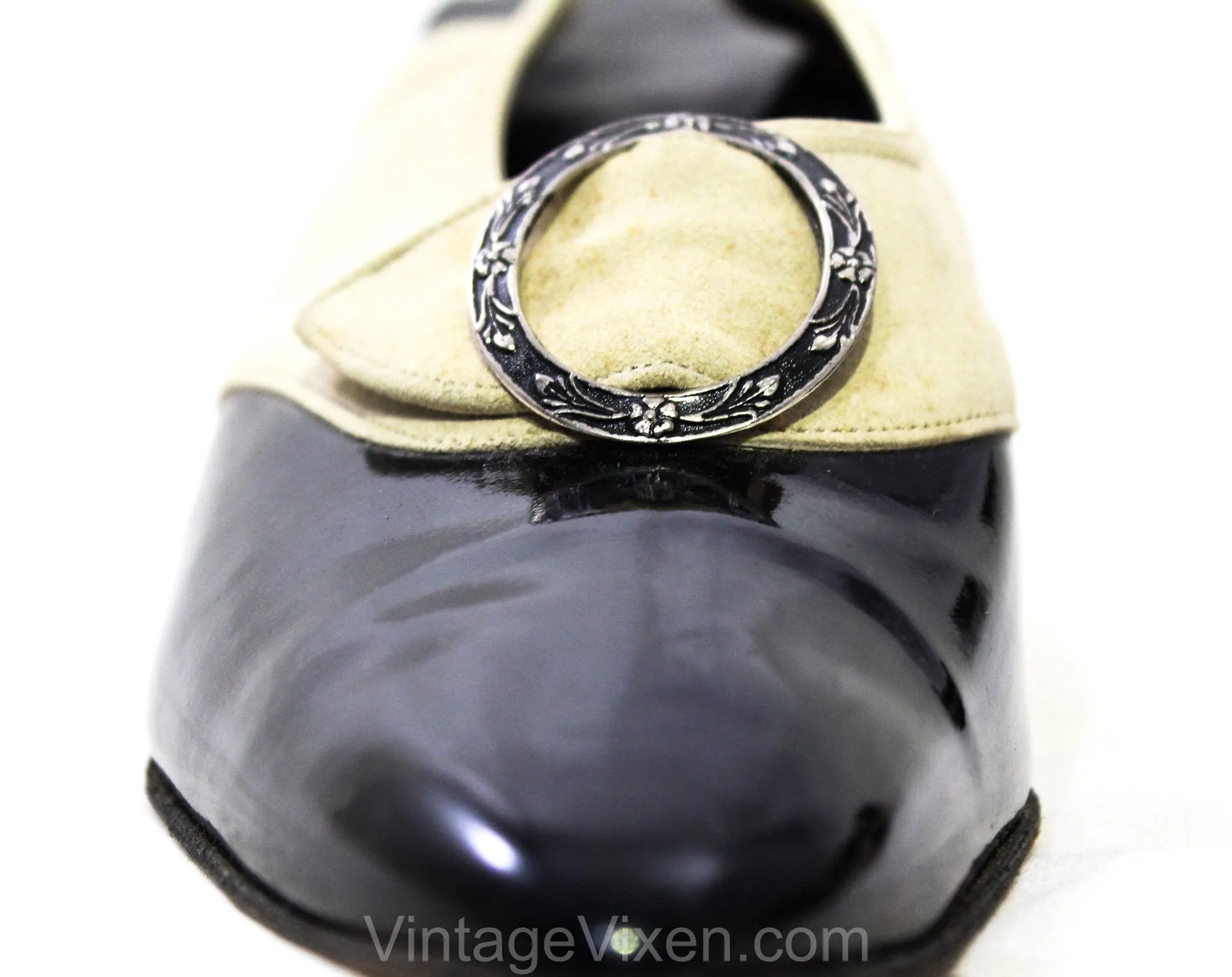 Size 8 Titanic Style Shoes - 1900s 1910s Inspired Heels from the 1950s - Dove Gray Suede & Black Patent Leather Slingbacks - 8N Narrow