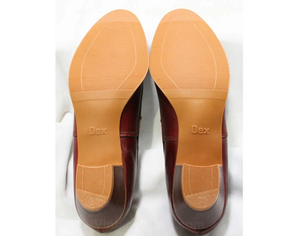 Size 8.5 M Leather Shoes - Beautiful Quality Pumps - Oxblood Brown Leather - Brass Studs & Bow - Stacked Wood Heels - 80s Preppy Deadstock
