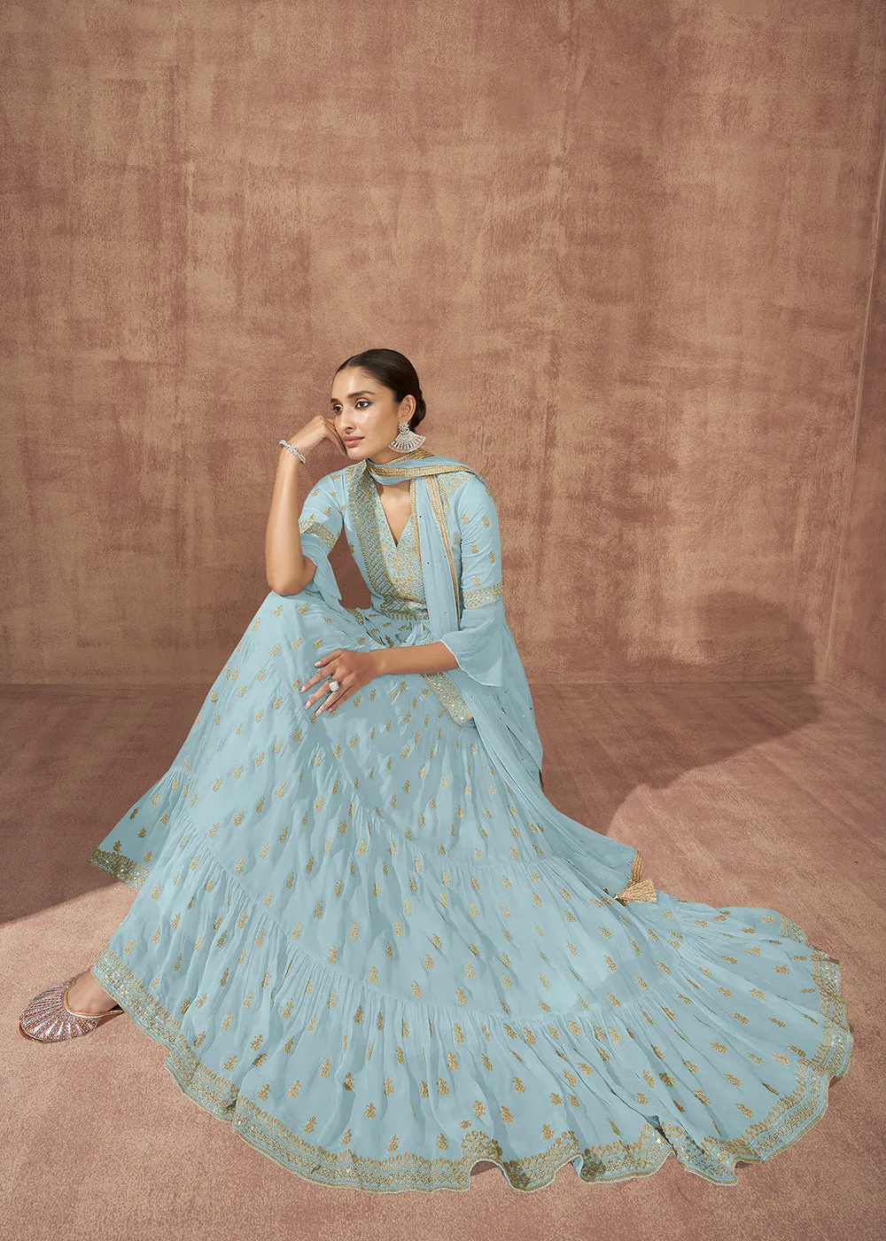 Sky Blue Georgette Party Trendy Peplum Lehenga Choli