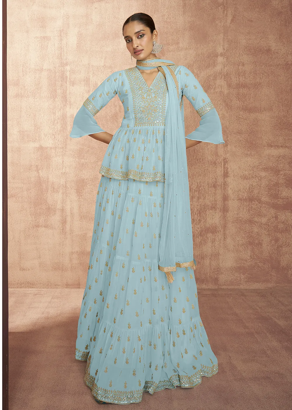 Sky Blue Georgette Party Trendy Peplum Lehenga Choli