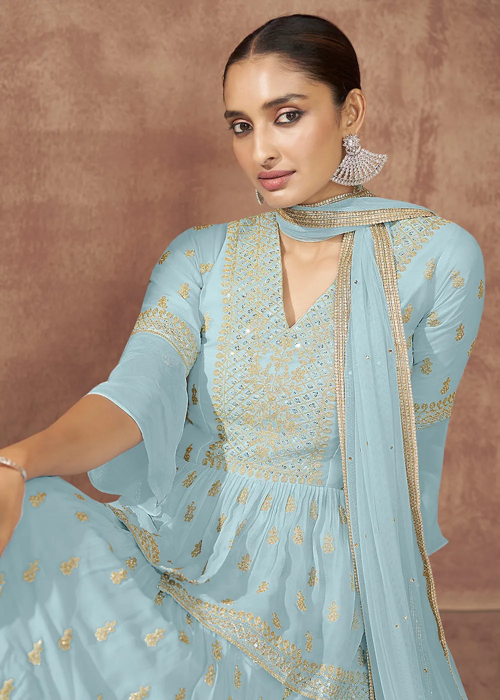 Sky Blue Georgette Party Trendy Peplum Lehenga Choli
