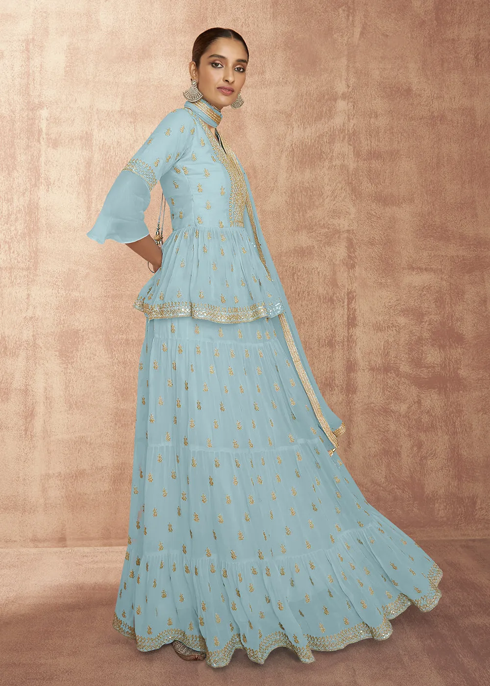 Sky Blue Georgette Party Trendy Peplum Lehenga Choli