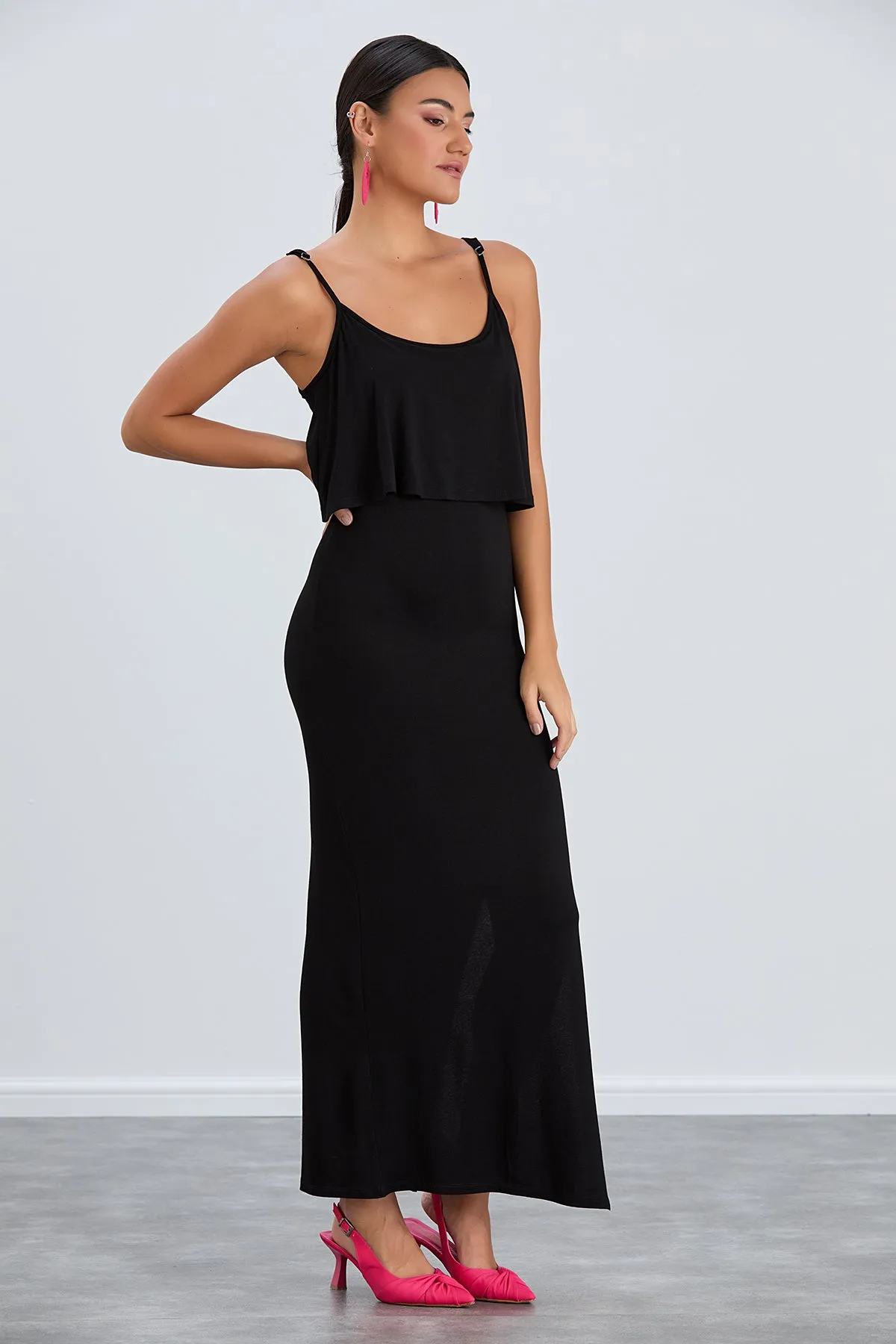 Sleek Black Bodycon Maxi Dress with Cami Straps