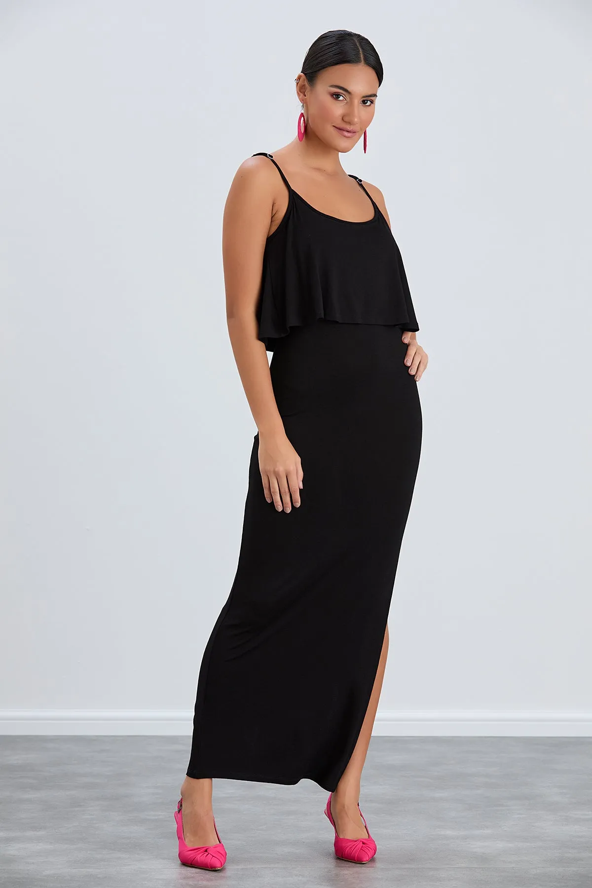 Sleek Black Bodycon Maxi Dress with Cami Straps