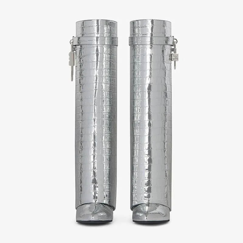 Sleek Silvery Crocodile-Embossed High Boots