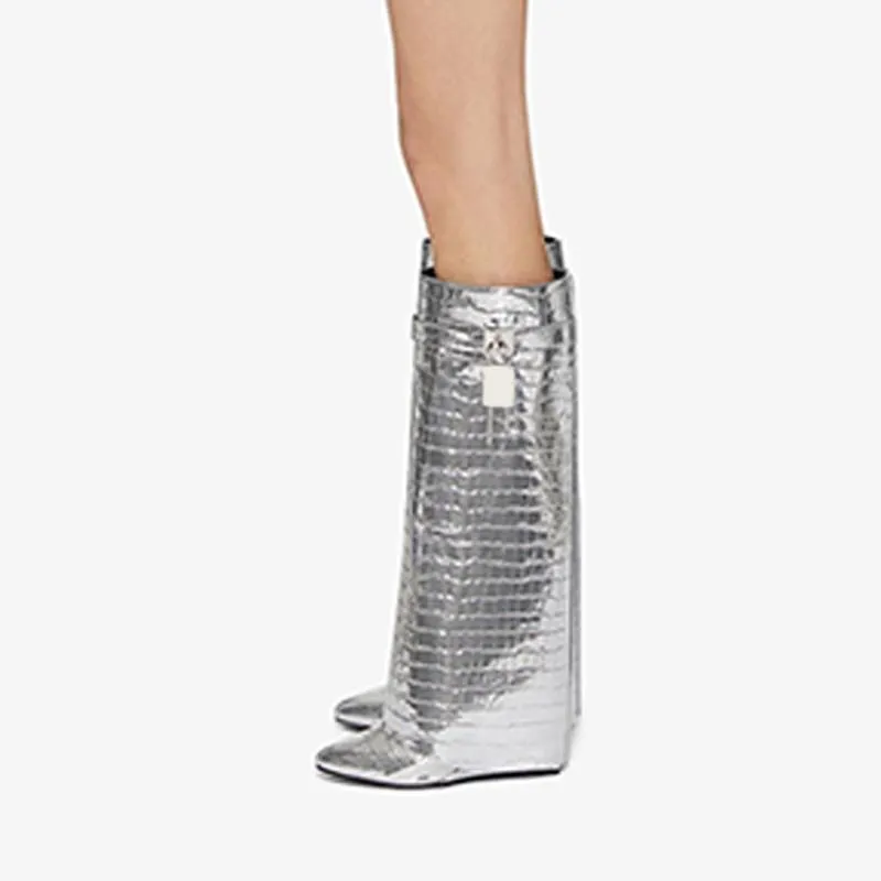 Sleek Silvery Crocodile-Embossed High Boots