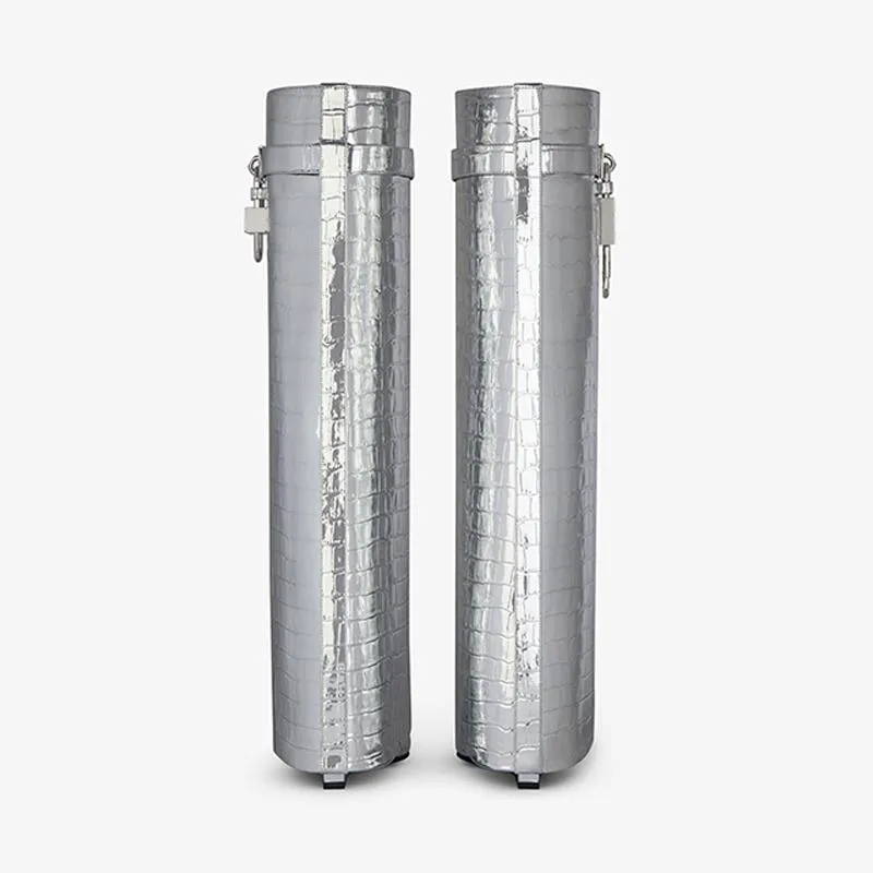 Sleek Silvery Crocodile-Embossed High Boots