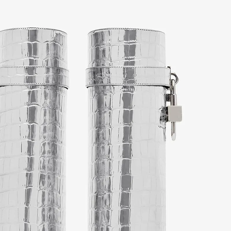 Sleek Silvery Crocodile-Embossed High Boots