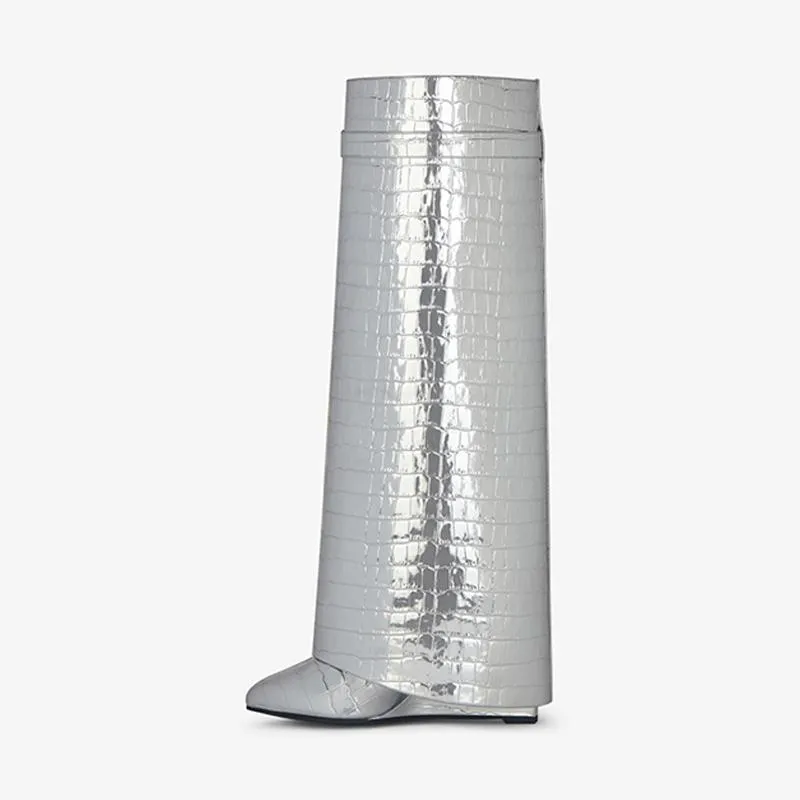 Sleek Silvery Crocodile-Embossed High Boots