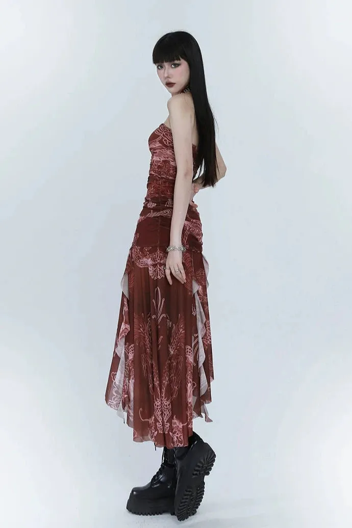Sleeveless Layered Asymmetrical Hem Dress with Pattern
