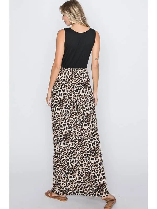 Sleeveless Solid and Animal Print Maxi Dress