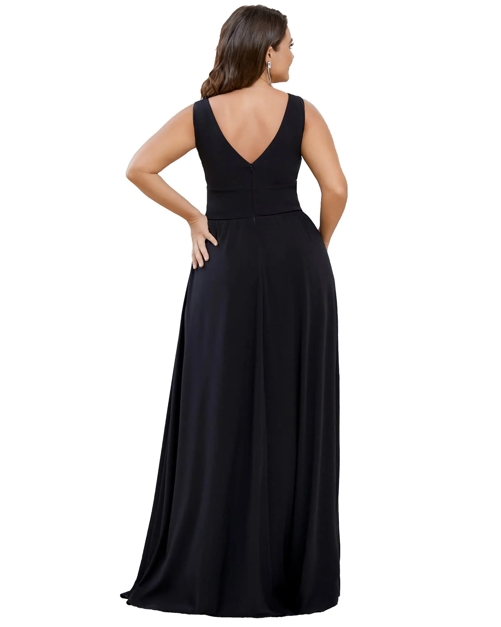 Sleeveless V-Neck Empire Waist High Slit Floor-Length Evening Dress | Black