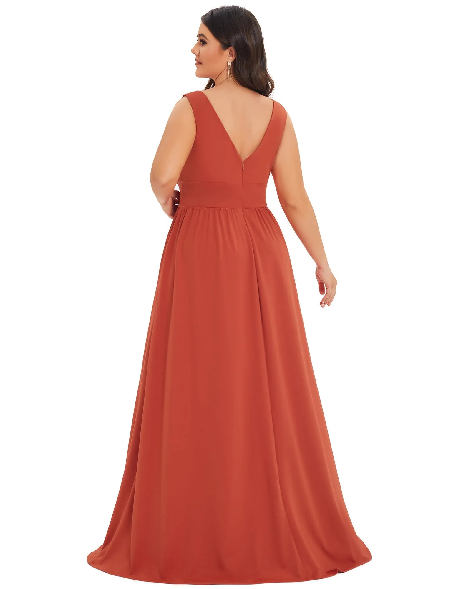 Sleeveless V-Neck Empire Waist High Slit Floor-Length Evening Dress | Burnt Orange