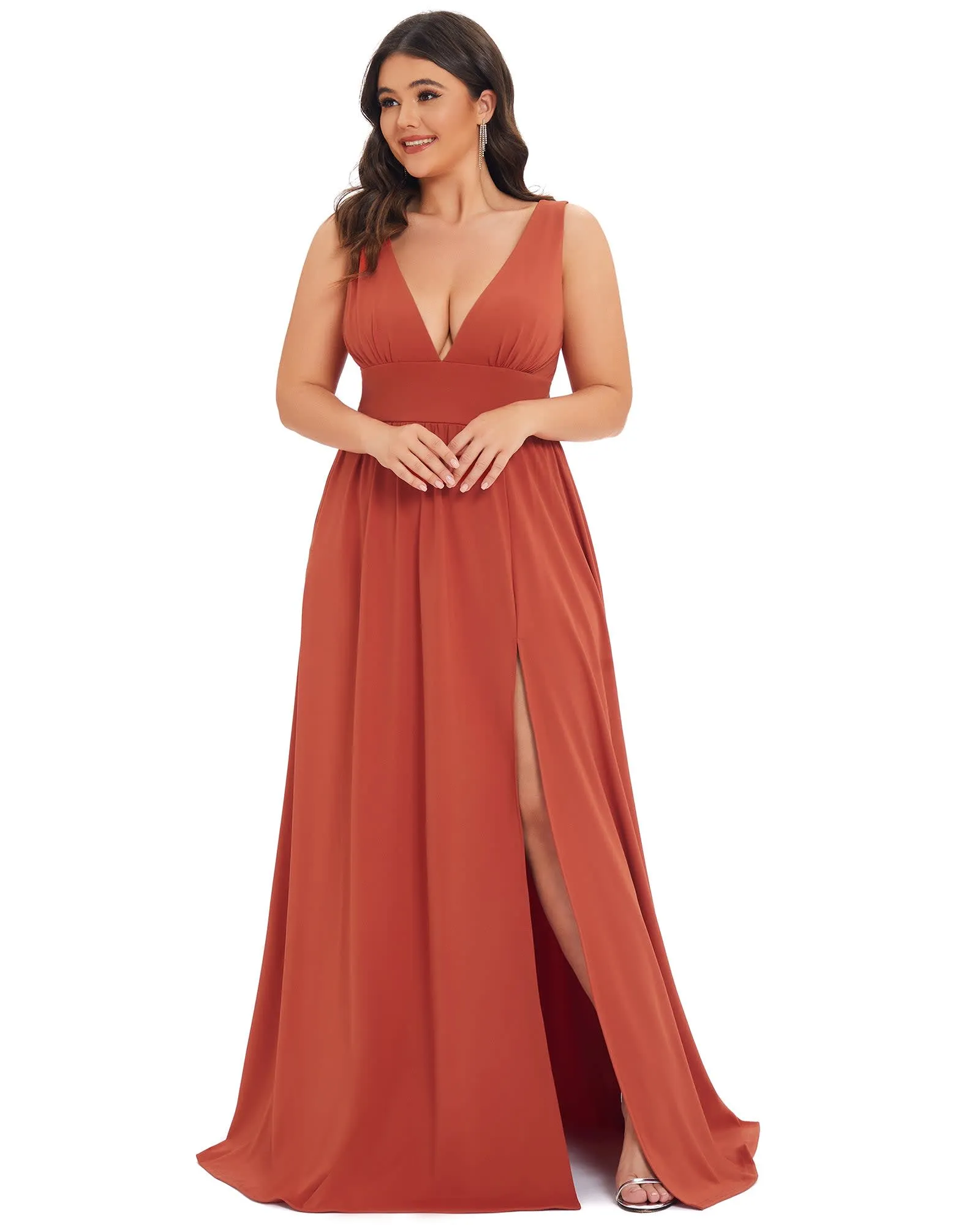 Sleeveless V-Neck Empire Waist High Slit Floor-Length Evening Dress | Burnt Orange