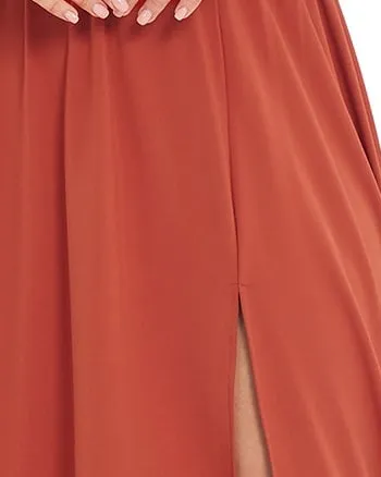 Sleeveless V-Neck Empire Waist High Slit Floor-Length Evening Dress | Burnt Orange