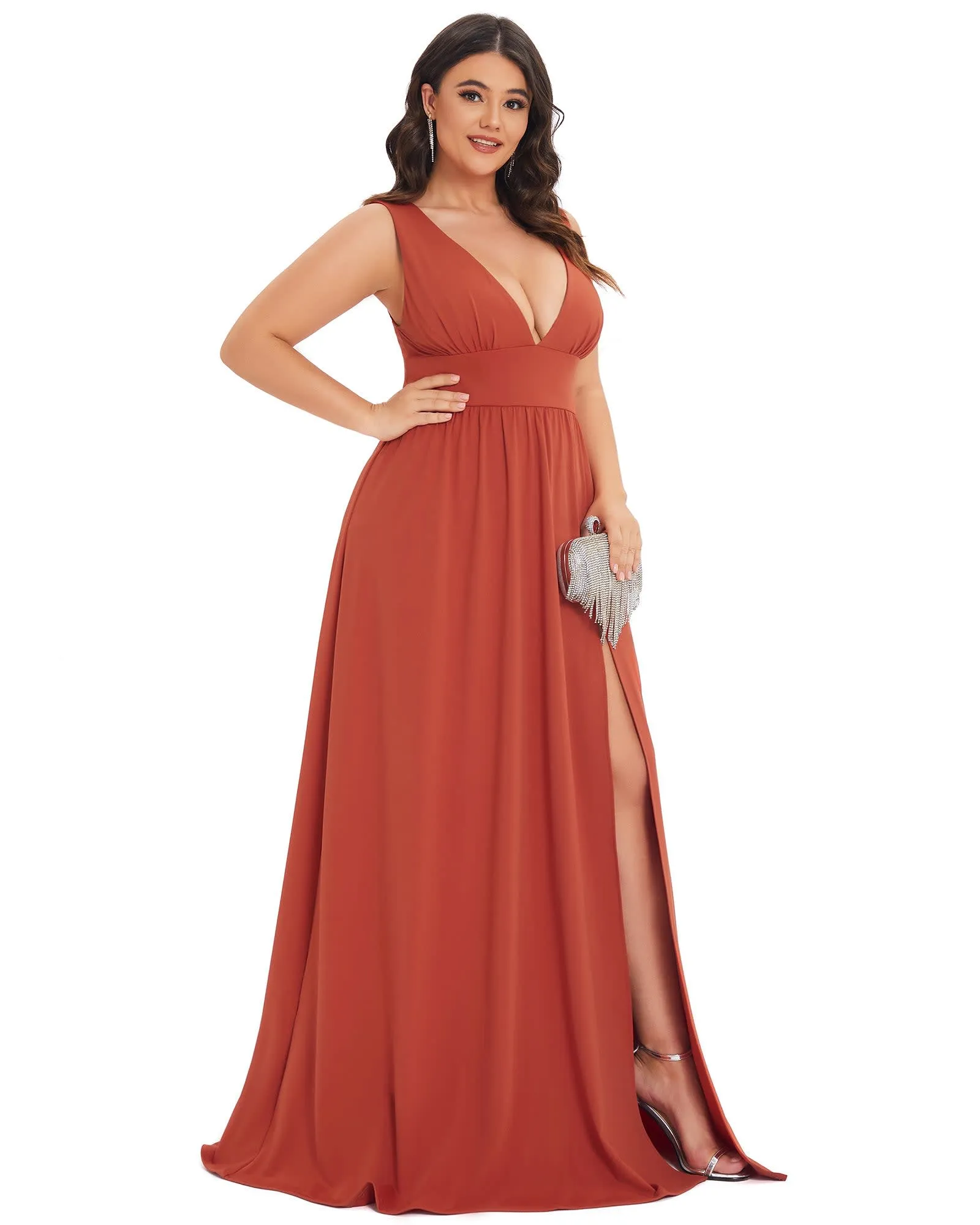 Sleeveless V-Neck Empire Waist High Slit Floor-Length Evening Dress | Burnt Orange