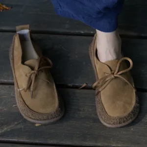 Soft Leather Lace-Up Casual Shoes Retro Flats in Khaki/Grey