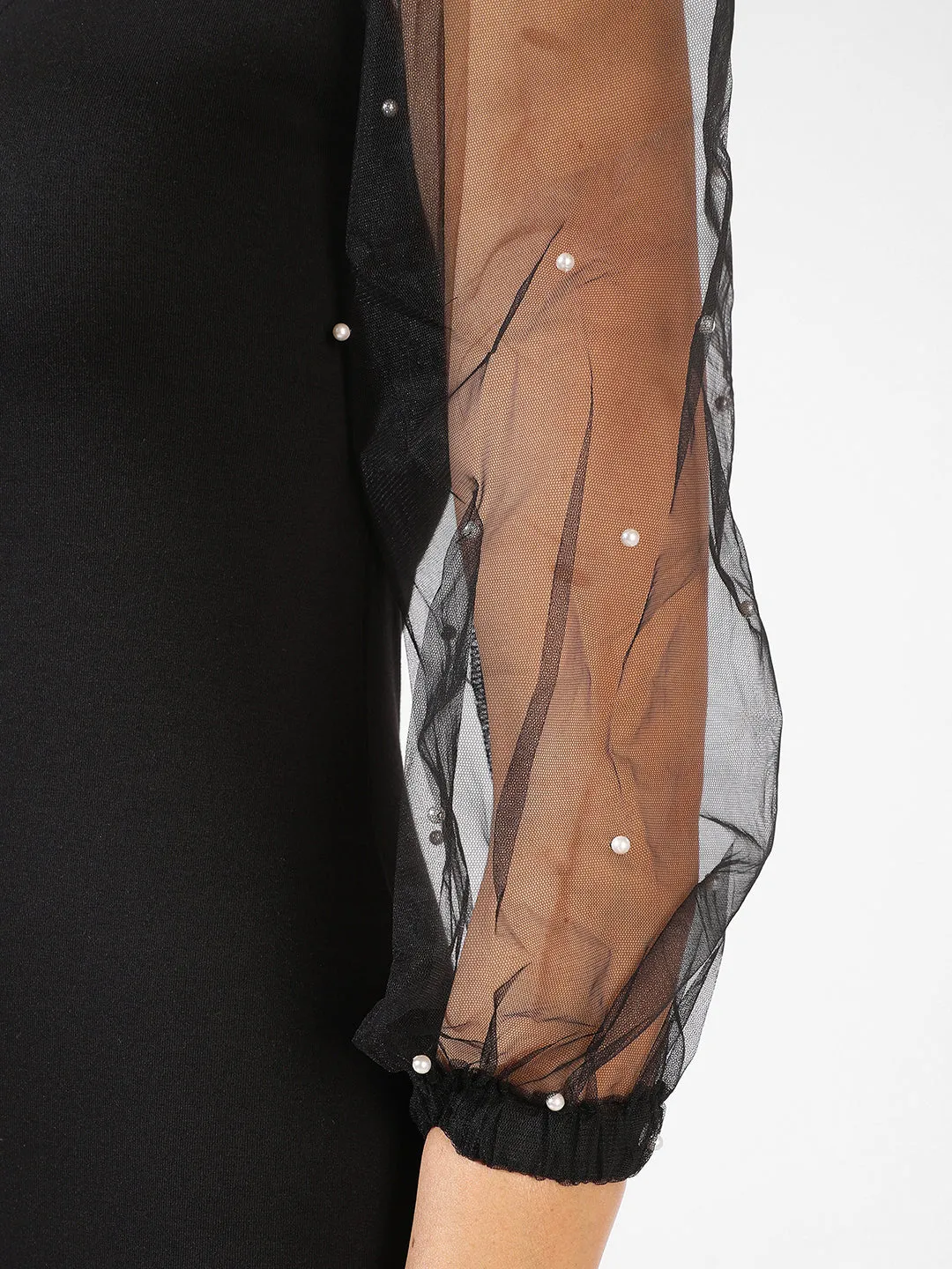 Solid Dress With Sheer Sleeves